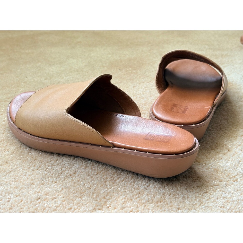 FitFlop DuoComff Tan Leather Platform Slides Women Comfort Sandals Neutral Sz5